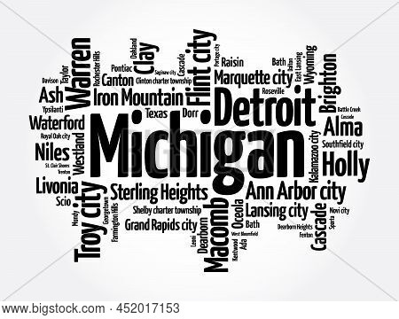 List Of Cities In Michigan Usa State, Word Cloud Concept Background