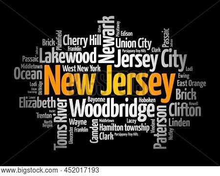 List Of Cities In New Jersey Usa State, Word Cloud Concept Background