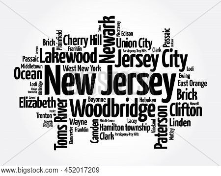 List Of Cities In New Jersey Usa State, Word Cloud Concept Background