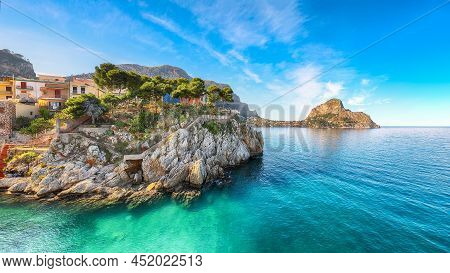 Astonishing Sunny Day Over Sant'elia Village. Popular Travel Destination Of Mediterranean Sea. Locat