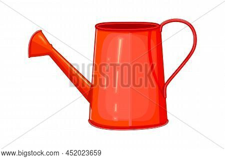 Watering Can Isolated On White Background. Red Metal Watering Can Or Pot. Gardening Tool Or Agricult