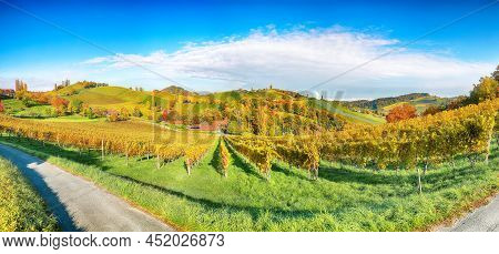 Fabulous Vineyards Landscape In South Styria Near Gamlitz. Autumn Scene Of Grape Hills In Popular Tr