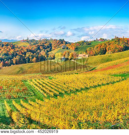 Stunning Vineyards Landscape In South Styria Near Gamlitz. Autumn Scene Of Grape Hills In Popular Tr