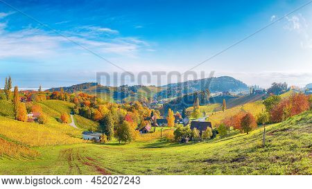 Stunning Vineyards Landscape In South Styria Near Gamlitz. Autumn Scene Of Grape Hills In Popular Tr