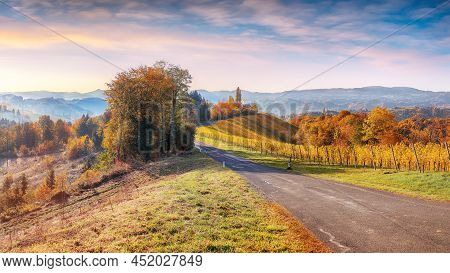Breathtaking Vineyards Landscape In South Styria Near Gamlitz. Autumn Scene Of Grape Hills In Popula