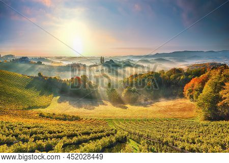 Stunning Vineyards Landscape In South Styria Near Gamlitz. Autumn Scene Of Grape Hills In Popular Tr