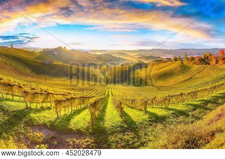 Splendid Vineyards Landscape In South Styria Near Gamlitz. Autumn Scene Of Grape Hills In Popular Tr