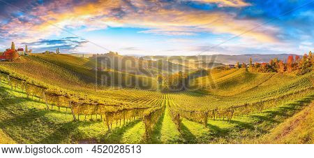Astonishing Vineyards Landscape In South Styria Near Gamlitz. Autumn Scene Of Grape Hills In Popular