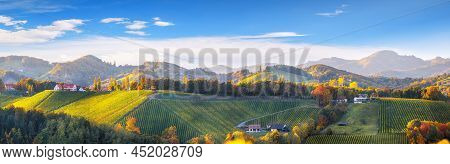 Spectacular Vineyards Landscape In South Styria Near Gamlitz. Autumn Scene Of Grape Hills In Popular