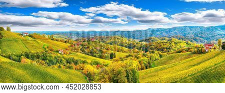 Stunning Vineyards Landscape In South Styria Near Gamlitz. Autumn Scene Of Grape Hills In Popular Tr