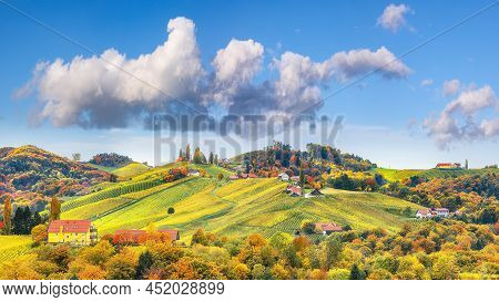 Stunning Vineyards Landscape In South Styria Near Gamlitz. Autumn Scene Of Grape Hills In Popular Tr