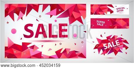 Vector Set Of Geometric Anstract Sale Banners, Discount Facet Triangular Red Backgrounds, Horizontal