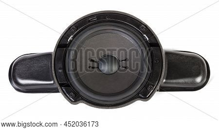 Large Audio Speaker Subwoofer For Low-frequency Music In A Car On A White Background. Hard Bass Soun