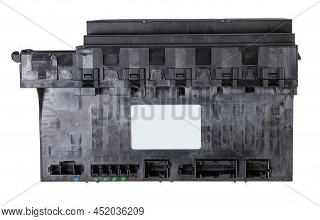 Plastic Car Engine Control Unit With Metal Elements On A White Isolated Background Is The Connecting