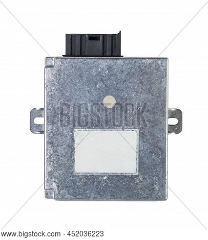 Metal Car Engine Control Unit With Metal Elements On A White Isolated Background Is The Connecting C