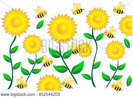Honey Bee On Sunflower Seamless Pattern Illustration