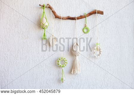 Macrame Flower Accessory. Easter Time. Spring Easter Walhanging Decor On Wooden Stick