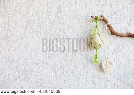 Macrame Flower Accessory. Easter Time. Spring Easter Walhanging Decor On Wooden Stick. Copy Space