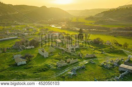Abandoned Village Souskiou In Paphos District, Cyprus. Aerial Landscape At Sunset