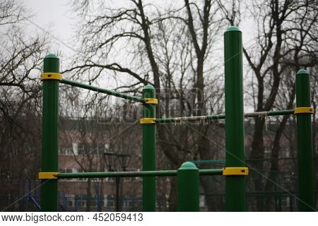 City Playground For Sports. Metal Structures For Pull-ups. Horizontal Bars, Bars, Ladders Made Of Gr