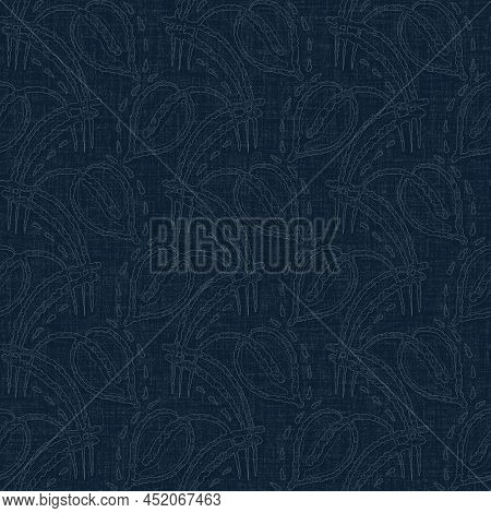 Dark Indigo Blue Leaf Dye Stitch Block Print Pattern. Japanese Masculine Boro Effect Seamless Textil
