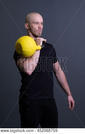 Guy With A Yellow Kettlebell Gym Anonymous Young Man, In The Afternoon Fit Lifestyle In Strong For F