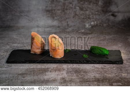Salmon And Smoked Salmon Ballotine Recipe, Watercress Mash. High Quality Photo