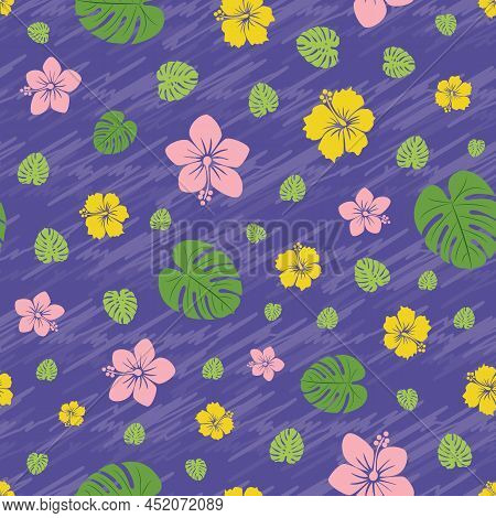 Vector Hibicus Yellow And Pink Flowers With Plam Leaves Seamless Pattern Background