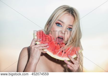 Beautiful Young Woman With Watermelon. Sexy Mouth Bite Watermelons.