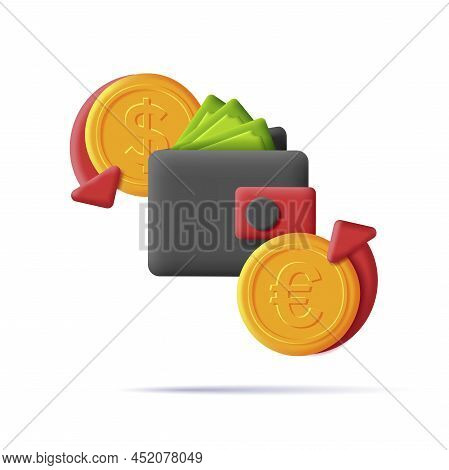 Money Wallet With Green Paper Dollars And Gold Coins. 3d Render Styly Illustration With Exchange Rat