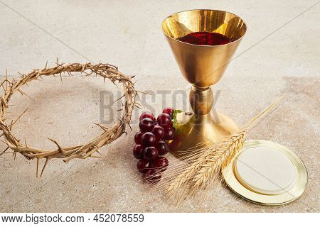 Easter Communion Still Life With Chalice Of Wine And Bread