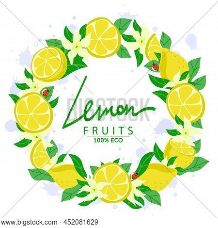 Holiday Wreath Decorated With Ripe Yellow Lemons, Cartoon Style Painted Elements. Isolated On White 