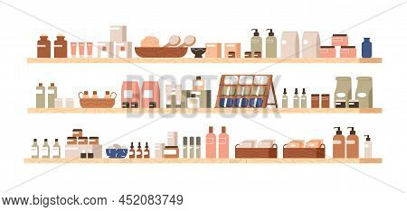 Cosmetic Products On Wood Shelves. Body, Face Skin Care Cosmetics, Bath Accessories In Bottles, Pack
