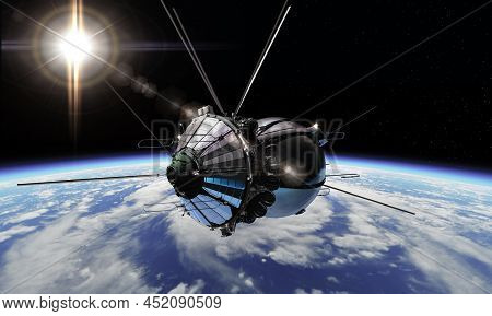 Spaceship Vostok1 At The Earth Orbit. 3d Rendering Background. 3d Illustration