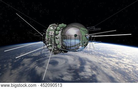 Spaceship Vostok1 At The Earth Orbit. 3d Rendering Background. 3d Illustration