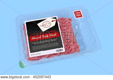 Cell Cultured Lab Grown Meat Concept For Artificial In Vitro Production With Packed Raw Minced Meat 