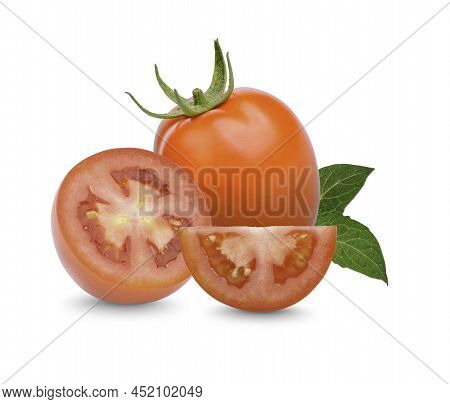 Fresh Tomatoes With Leaves Isolsted On White Background