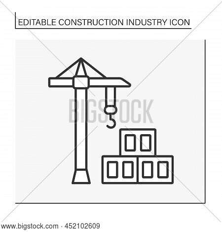 Building Process Line Icon. Hoisting Crane And Cinder Block. Lightweight Building Brick. Constructio