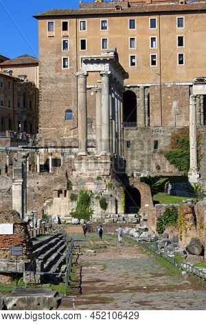 Rome, Italy - October 8, 2020: Forum Romanum, View Of The Ruins Of Several Important Ancient  Buildi