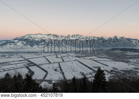 Planken, Liechtenstein, January 13, 2022 Terrific Swiss Mountain Panorama And The Rhine Valley In Th