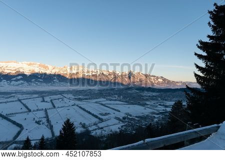 Planken, Liechtenstein, January 13, 2022 Terrific Swiss Mountain Panorama And The Rhine Valley In Th