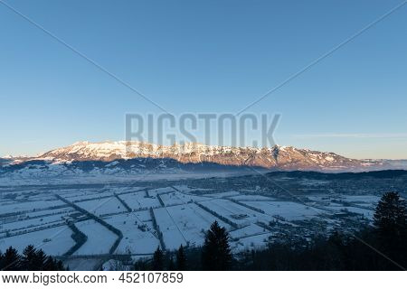 Planken, Liechtenstein, January 13, 2022 Terrific Swiss Mountain Panorama And The Rhine Valley In Th