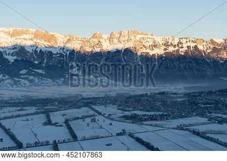 Planken, Liechtenstein, January 13, 2022 Terrific Swiss Mountain Panorama And The Rhine Valley In Th