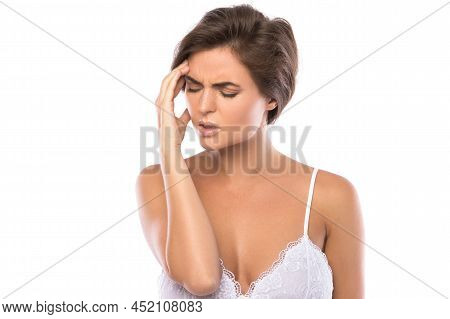 Woman With Painful Headache On White Background