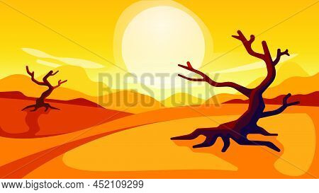 Desert View With Dry Tree And Sunny Sky. Sunrise Or Sunset. Stylized Vector Illustration Of A Desert
