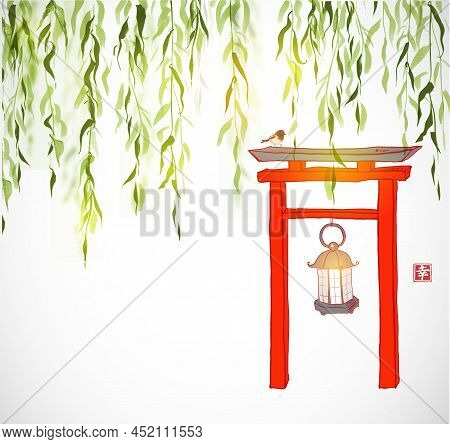 Red Torii Gate Under The Green Willow Tree. Japanese Zen Garden Composition. Hieroglyph - Happiness.