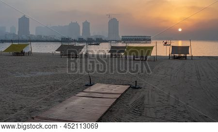 Doha, Qatar - March 03,2022 :beautiful Katara Beach During The Early Morning With Mist In The Backgr