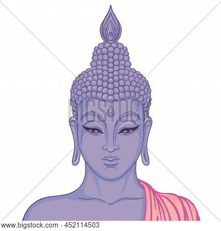 Modern Buddha Listening To The Music In Headphones. Vector Illustration. Vintage Psychedelic Composi