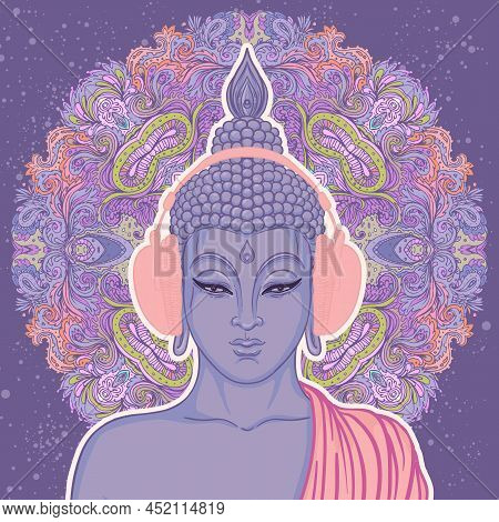 Modern Buddha Listening To The Music In Headphones. Vector Illustration. Vintage Psychedelic Composi