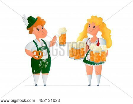 Vector Isolated Illustration A Young Woman Holding Glass Mugs With Beer, And Man With Mug And Pretze